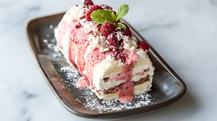 Spumoni ice cream cake with layers of vanilla, chocolate, and fruit flavors, topped with raspberry sauce, whipped cream, and fresh berries, garnished with mint on dark plate