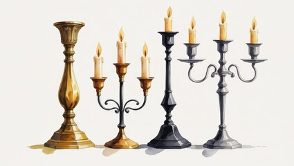 Elegant Gold and Silver Candelabra with Lit Candles Watercolor Illustration