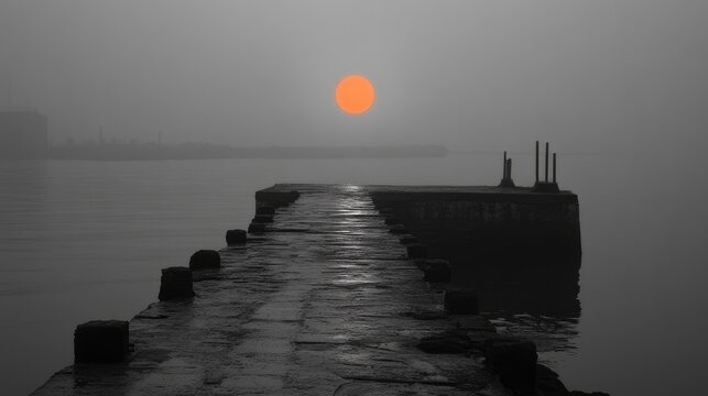 Foggy harbor sunrise pier; calm water, distant cityscape