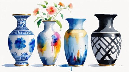 Watercolor Painting of Four Elegant Vases with Flowers Blue White and Black Decor Home Decor Art