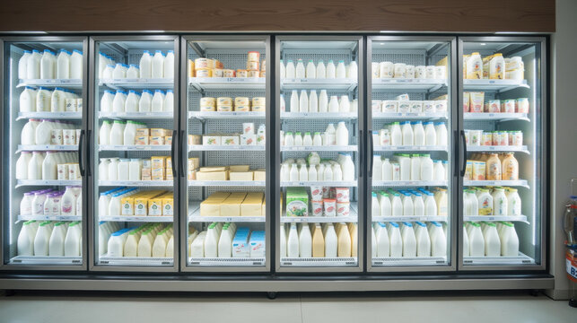 Fresh dairy products displayed in well organized refrigerator