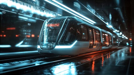 Fototapeta premium Futuristic Train in Neon-Lit Subway Station