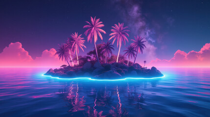 vibrant tropical island with glowing palm trees and serene waters reflects dreamy sunset