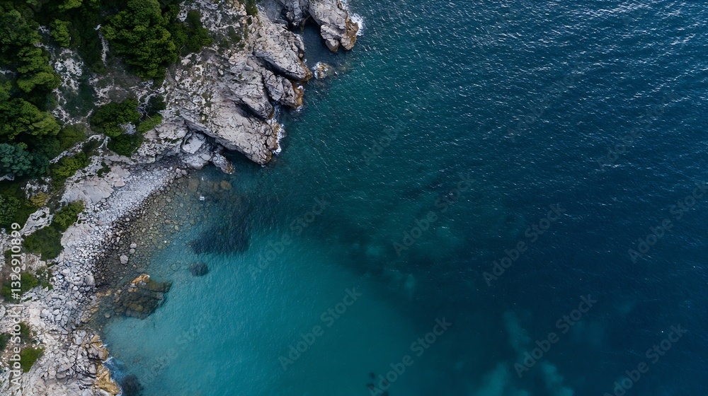 Poster aerial view of a rocky coastline merging with clear blue waters of the ocean : generative ai