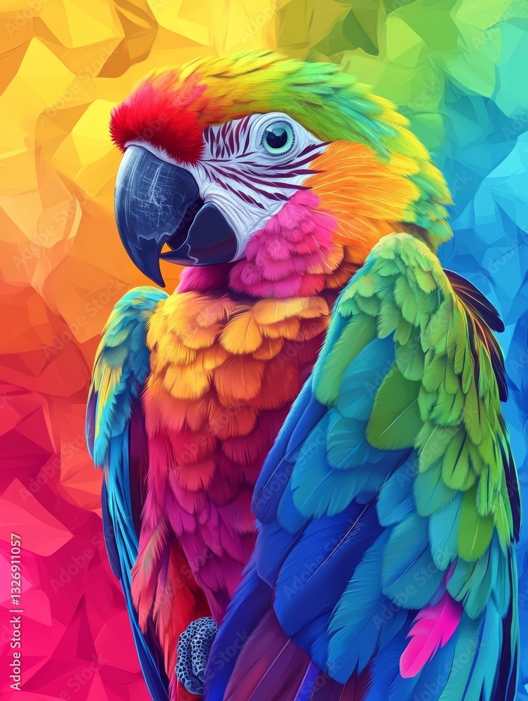 Poster vibrant colorful parrot with geometric patterns and clean lines on a multicolored background