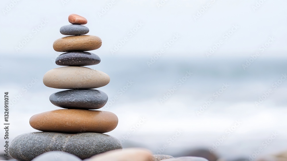 Aufkleber beautifully arranged stack of smooth stones on a beach with gentle waves in the background : generat