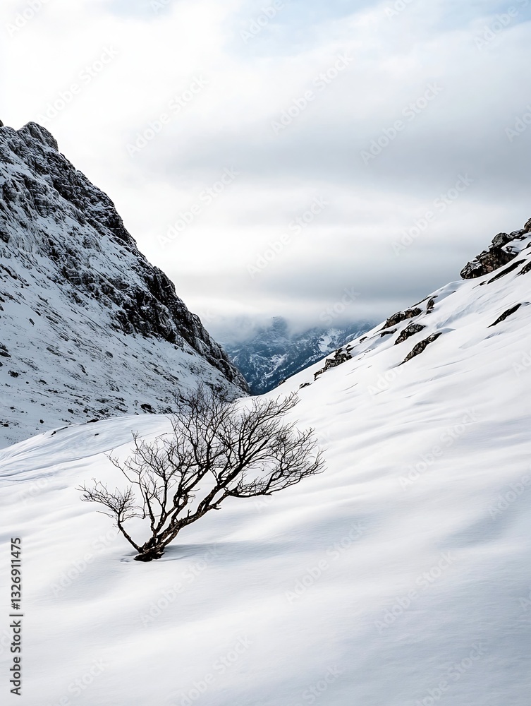 Aufkleber lonely leafless tree on snowy hillside with majestic mountains under cloudy sky : generative ai