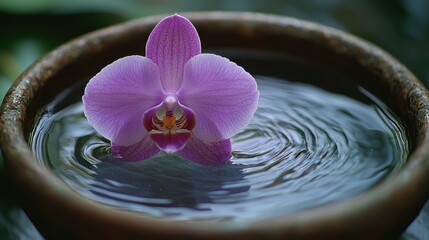 A single pink orchid graces a bowl of water, its reflection creating gentle ripples.