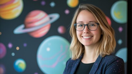 Fototapeta premium Smiling young caucasian female with glasses in front of colorful planet art wall