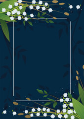 A congratulatory card. lily of the valley on an blue background. Vector flat illustration of summer flower. Spring holiday, Easter holiday. Illustration