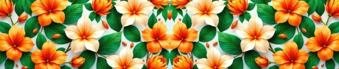 Fototapeta premium Colorful orange and green tropical flowers arrangement seamless, floral arrangements, botanical