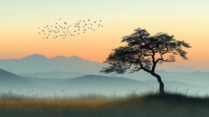 Obraz premium Lone tree, birds flying, sunset mountains, peaceful landscape, meditation imagery