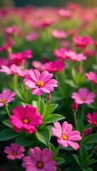 Colorful Pink Flowers Blooming in a field of green leaves, pink, colorful
