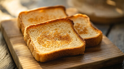 Naklejka premium Golden brown toasted bread slices rest on wooden cutting board, illuminated by warm natural light. crispy texture and buttery sheen enhance their appetizing appeal, perfect for breakfast or snack