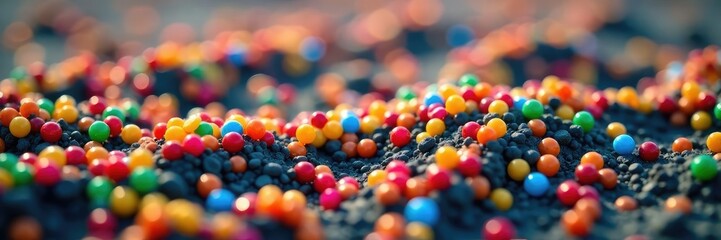 Colorful plastic granules scattered on the floor, terrain texture, land composition, ground material