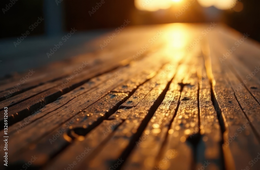 Poster warm sunset glow illuminating textured wooden surface with abstract patterns