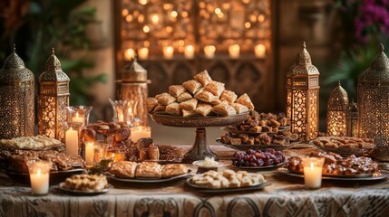 Obraz premium Ramadan Feast A Table of Sweet Treats and Festive Lights