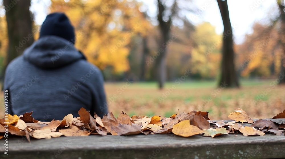 Poster a young man sits on a wooden bench surrounded by colorful autumn foliage in a serene park setting : 