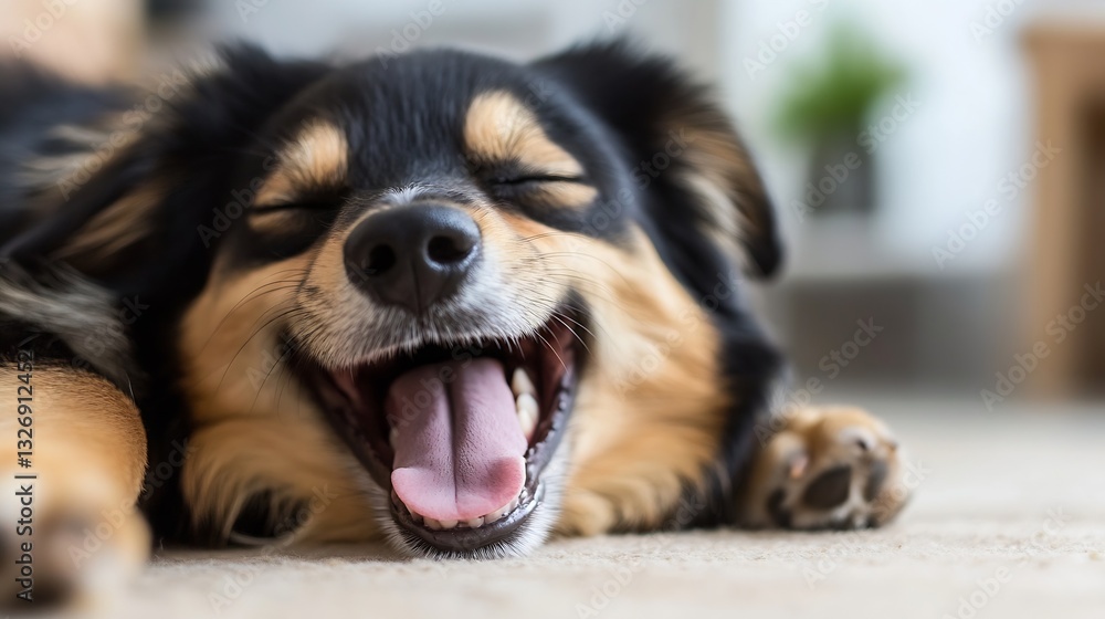 Poster adorable dog lying down with a big joyful grin and a relaxed expression at home : generative ai