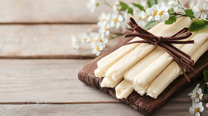 Creamy white vanilla bean sticks tied with brown ribbon rest on rustic wooden board, accompanied by delicate white blossoms, creating natural and aromatic composition