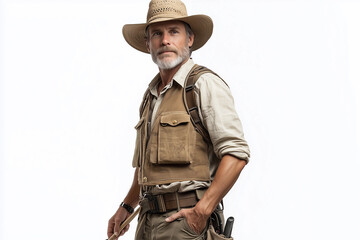 Fototapeta premium a man with a hat and a backpack holding a shovel and a backpack on his back, while kneeling down