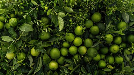 Fototapeta premium Fresh Green Citrus Fruits Surrounded by Lush Green Leaves