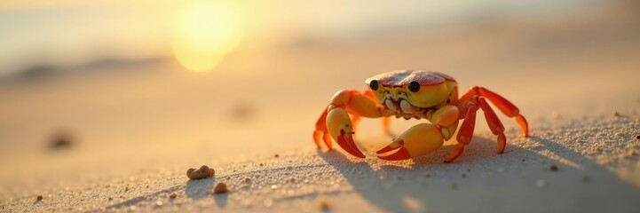 Colorful yellow crab scuttles across sandy dunes at dawn, sand, morning