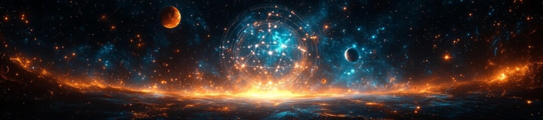 Obraz premium Glowing Zodiac Wheel Against a Cosmic Backdrop with Planets. Generative AI