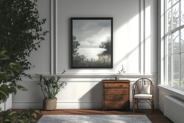 Fototapeta premium Blue Grey gallery room interior with drawer and decoration, mockup blank frame, 3D Rendering, 32k Resolution 