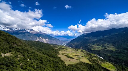 Naklejka premium Breathtaking aerial view of a lush valley framed by majestic mountains under a clear blue sky : Generative AI
