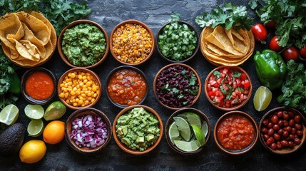 Colorful Taco Bar Toppings on Dark Stone Surface