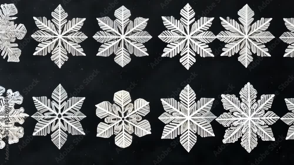 Poster intricate snowflakes displayed on a dark background showcasing unique patterns and delicate designs