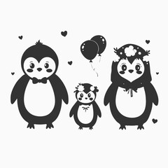 Black silhouette Penguins family in Love, Holding Heart Balloons, Celebrating Valentine's Day, Isolated vector illustration