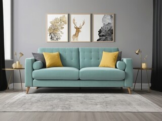 Serene Teal Sofa Graces A Living Room, Bathed In Soft Light, Complemented By Nature-inspired Art, Creating A Calm And Inviting Atmosphere