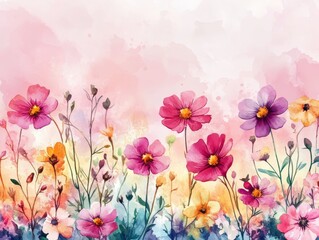 Vibrant colorful wild flower background with watercolor clean lines and abstract elements