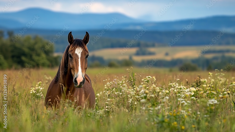 Poster beautiful serene brown horse standing in a lush green meadow with mountains in the background under 