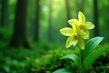 Delicate green dendrobium orchid blooms in a lush forest environment, flowers, nature