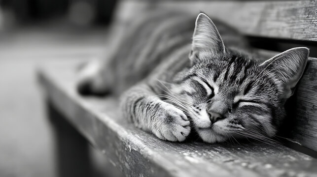 black and white photograph of tabby cat peacefully sleeping on wooden bench, its eyes closed and body relaxed. texture of wood and cat fur are highlighted in monochrome tones