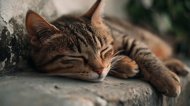 tabby cat with brown and black striped fur is peacefully sleeping rough stone surface, its head resting its front paw. cat eyes are closed, and its ears are slightly tilted, showing sense of