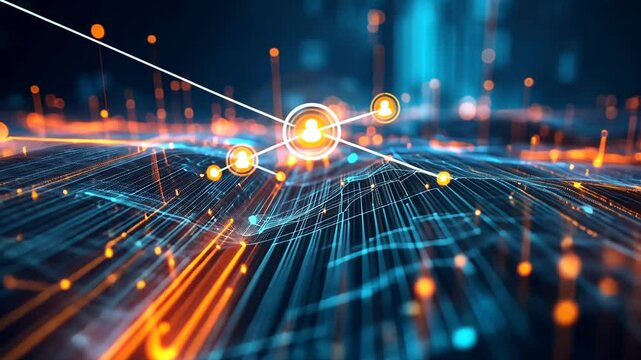 Futuristic Network Connectivity and Data Transfer Visualization in a Technological Landscape
