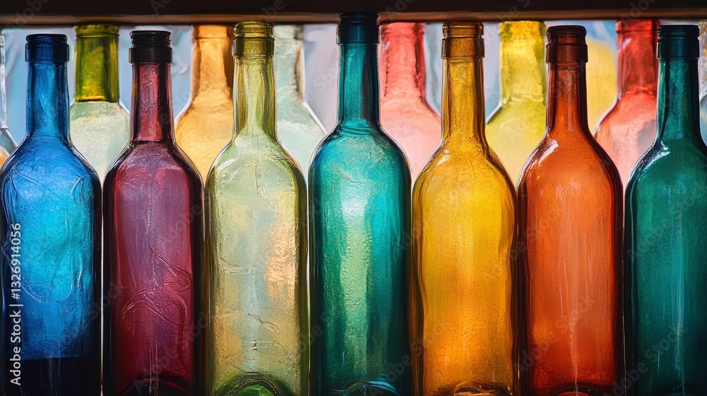 Poster vibrant colorful wine bottles arranged in a decorative pattern on a table