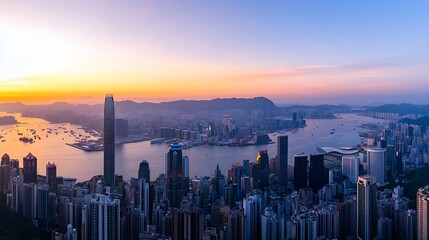 Obraz premium A breathtaking skyline view of Hong Kong during sunset showcasing city lights and harbor : Generative AI