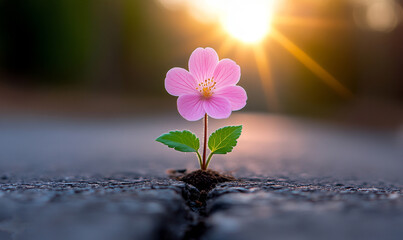a single pink flower growing in the crack of an asphalt road, with sunlight streaming through, symbolizing h