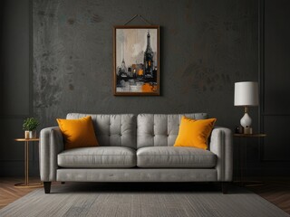A Serene Grey Sofa Adorned With Vibrant Orange Cushions Rests In A Sophisticated Dark Room, Complemented By A Moody Cityscape Painting And Soft Ambient Lighting