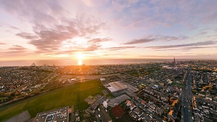 An aerial view of a sunset over Blackpool in Lancashire, UK