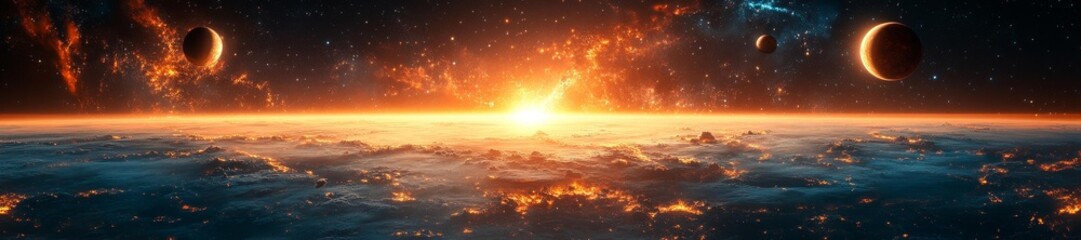 Fototapeta premium Otherworldly Eclipse Event with Fiery Planetary Orbits. Generative AI