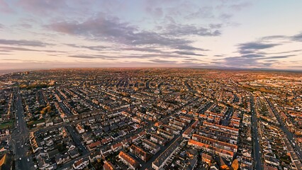 An aerial view of a sunset over Blackpool in Lancashire, UK