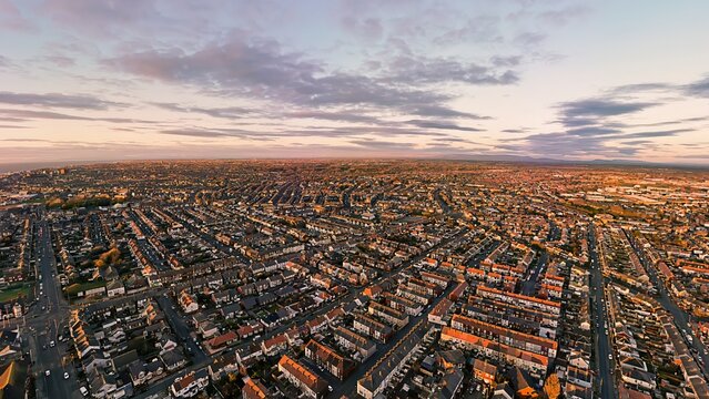 An aerial view of a sunset over Blackpool in Lancashire, UK