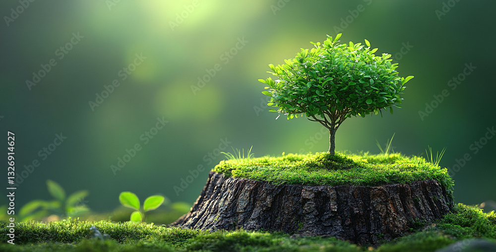 Poster a small tree growing from the top of an old, fallen stump in a dense forest. the background is a sof