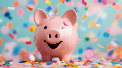 Celebration of savings with a piggy bank festive atmosphere fun photo colorful confetti